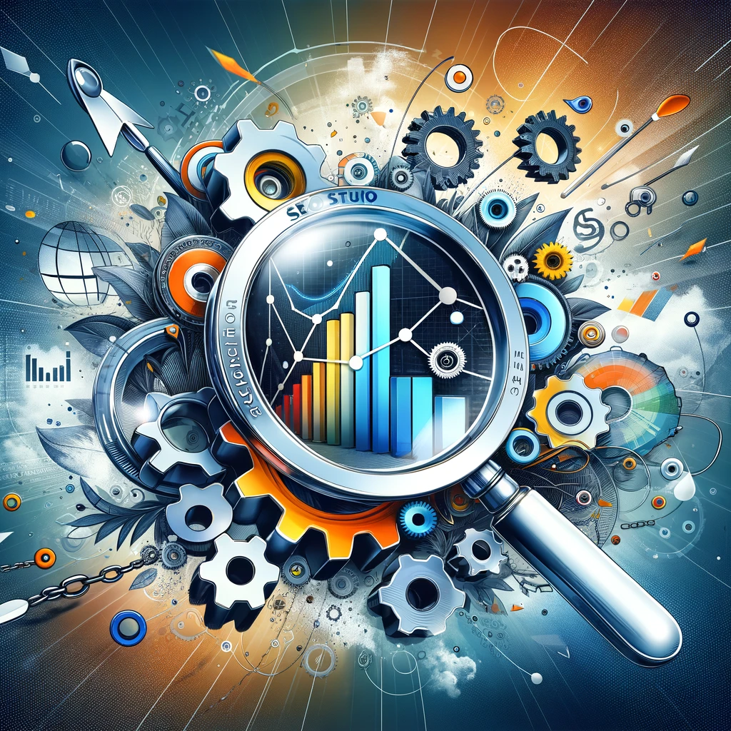 Digital marketing growth illustration featuring SEO tools like magnifying glass over keywords, gears for website optimization, competitive analysis chart, and backlink chains, symbolizing online visibility enhancement.