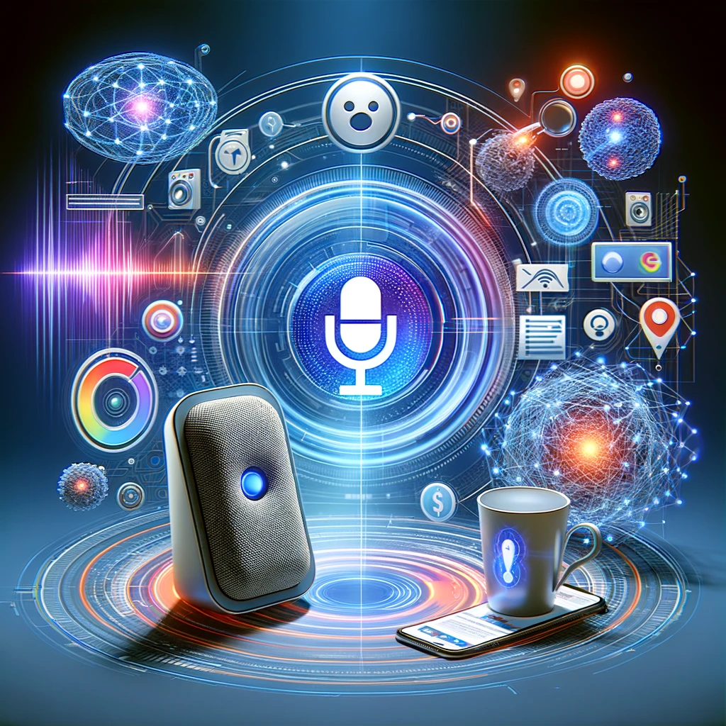 A futuristic digital illustration portrays upcoming local SEO trends for 2024. It includes a smart speaker emitting voice waves to optimize voice search, a smartphone displaying a quick-loading website for mobile-first indexing, and AI components such as neural networks and icons interacting with local business data. This symbolizes the integration of AI within local SEO strategies.